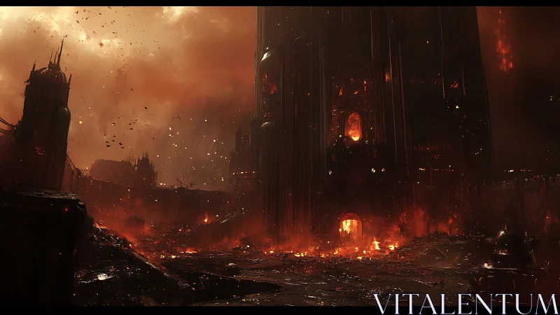 Burning dark fortress rising through stormy crimson skies.