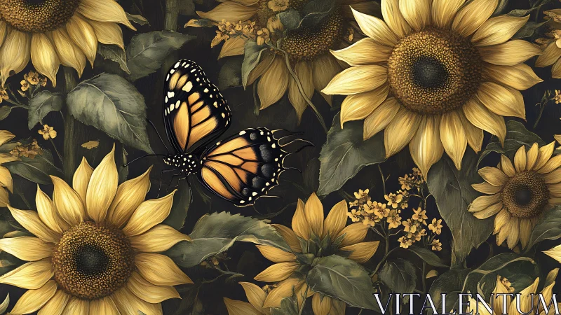 Digital painting of monarch butterfly amid clustered sunflowers.