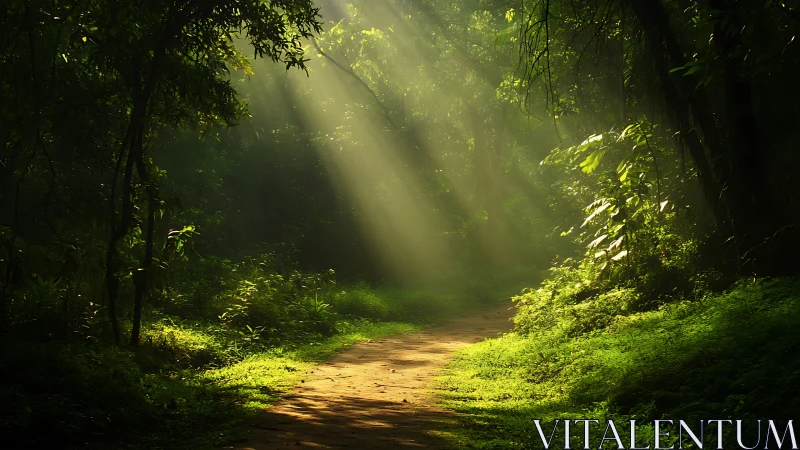 Sunlit Forest Path Through Dense Canopy.