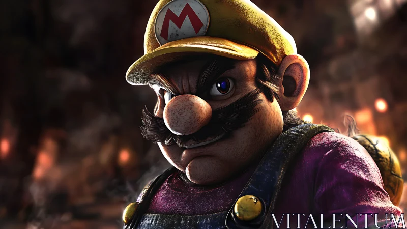 Gruff mustached hero in worn overalls and glowing backdrop.