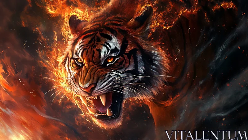 Inferno-roaring tiger spirit erupts from molten twilight.