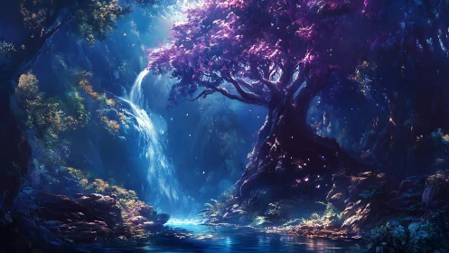 Enchanted waterfall grove beneath luminous violet tree.