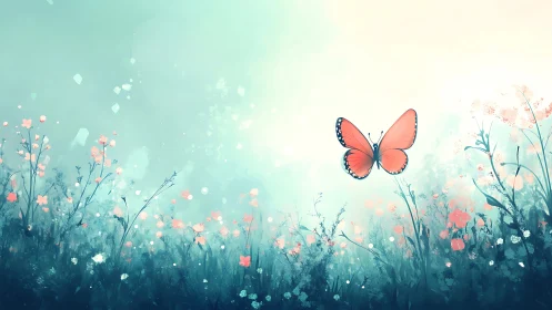 Solitary coral butterfly drifting above misty meadow.