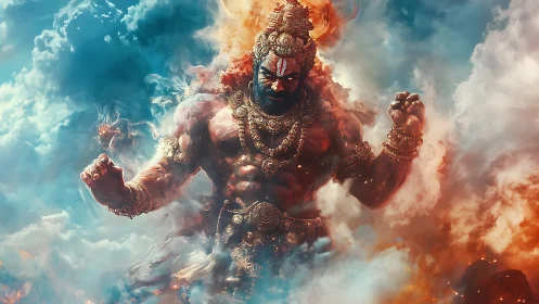 Mythic armored deity amid swirling clouds and fire.