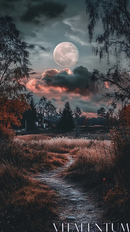 Supermoon above autumn field path with silhouetted birch trees