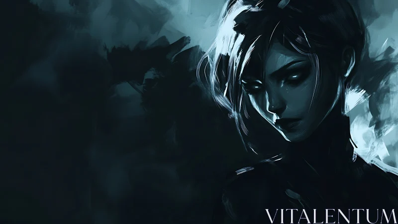 Nocturnal cybernetic rogue in teal monochrome portrait.