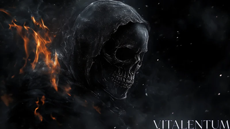Burning hooded skull emerges from swirling black smoke.
