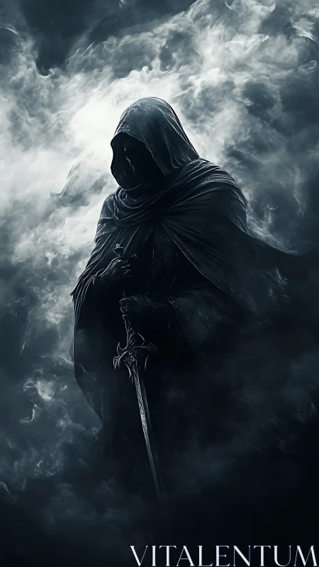 Hooded dark wraith holds ornate sword within storming fog