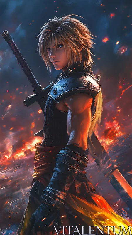 Sword-bearing hero glows against a storm of embers and flame.