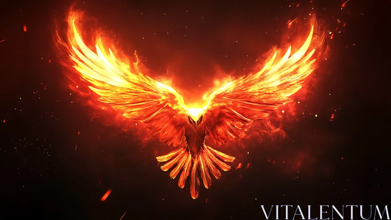 Majestic flaming phoenix in flight, digital fantasy art style.