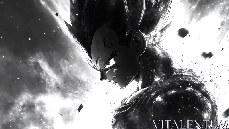 Brooding anime warrior amid explosive cosmic energy field.