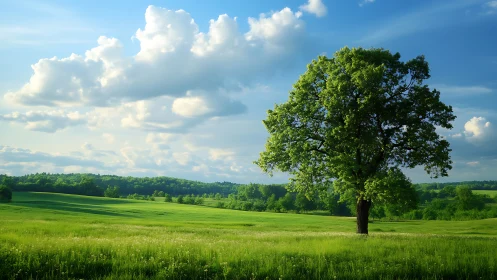 Single green tree stands in bright sunlit grassy meadow