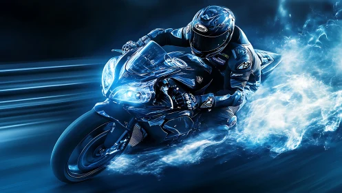 Motorcycle racer carves neon blue trail through night speed