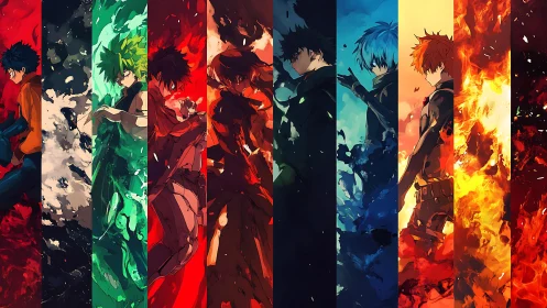 Elemental anime heroes stride through blazing chromatic rift.