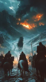 Mounted warriors approach burning fortress in winter landscape.