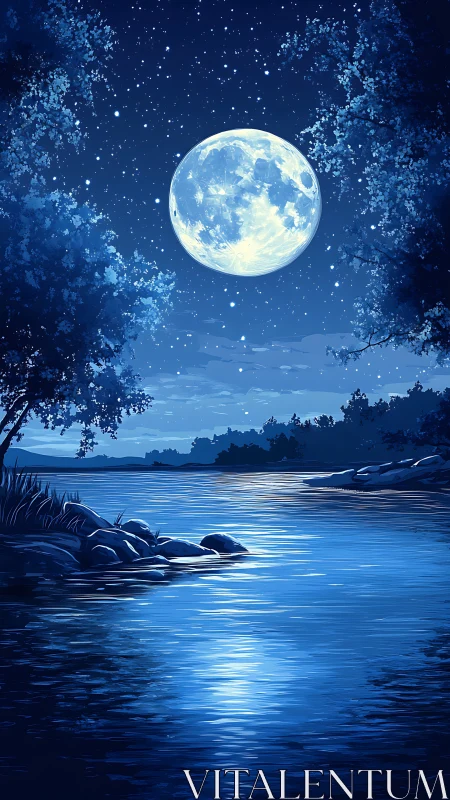 Moonlit river glows beneath a star-filled indigo night sky