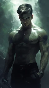 Brooding warrior stands in shadowed light with quiet resolve