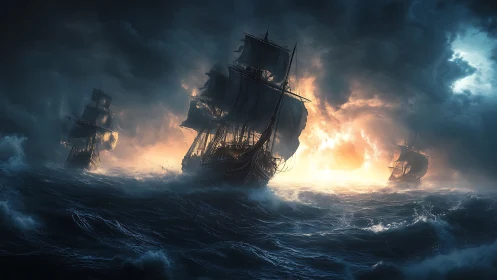 Storm-lashed galleons cutting through burning horizon seas.