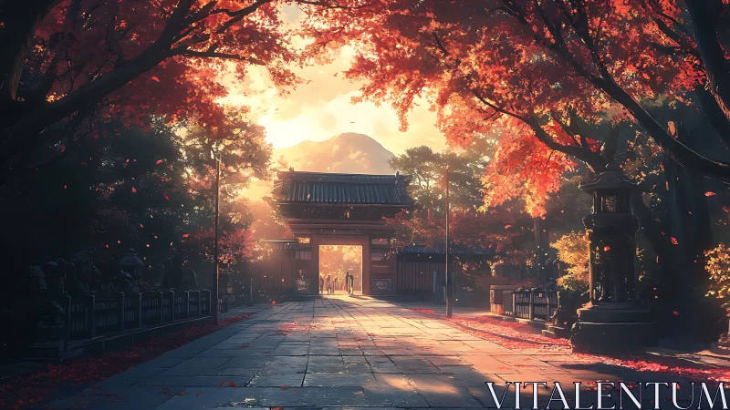 Sunlit temple gate beneath blazing autumn maple canopy.