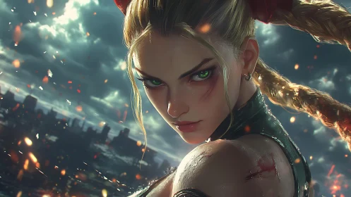 Fierce braided fighter in burning cityscape at dusk.