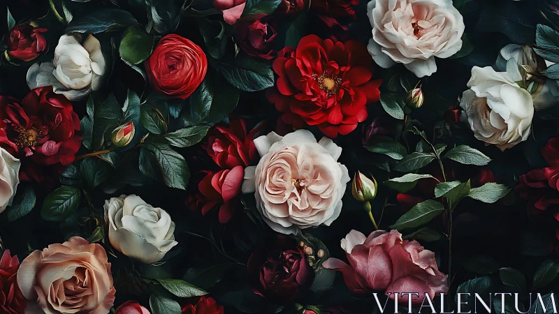 Red and Cream Roses Against Dark Moody Backdrop.