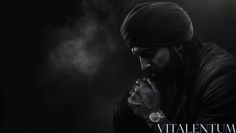 Contemplative turbaned man in dramatic monochrome chiaroscuro.