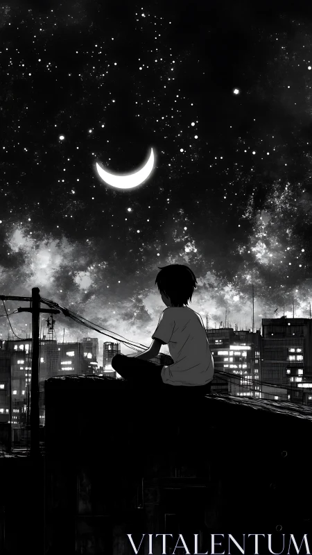 Rooftop dreamer balances city glow beneath a crescent sky