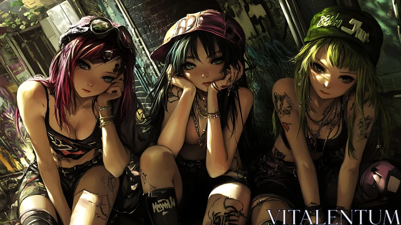 Urban alley punk trio with detailed tattoos and streetwear styling