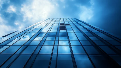 Glass skyscraper rises into moody blue sky reflections