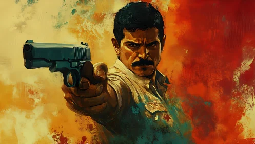 Gunmetal gaze cuts through blazing storm of painted fire