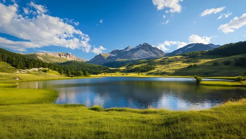 Photorealistic alpine lake panorama with layered mountain ranges.