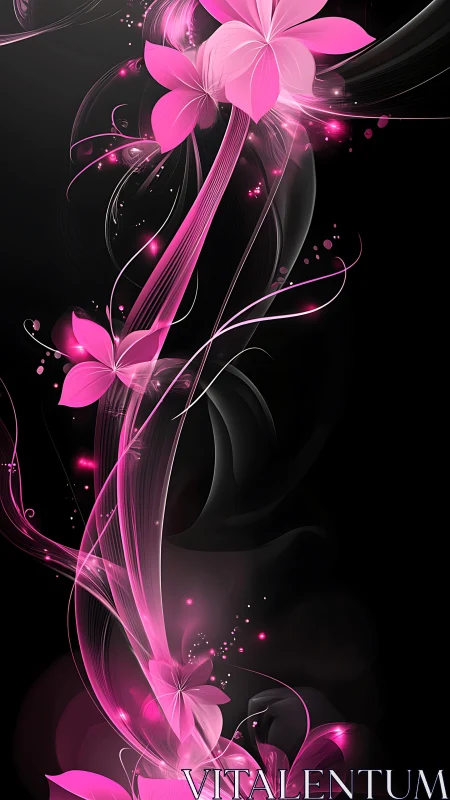 Neon Floral Digital Art: Magenta Luminescent Petals and Flowing Light Trails