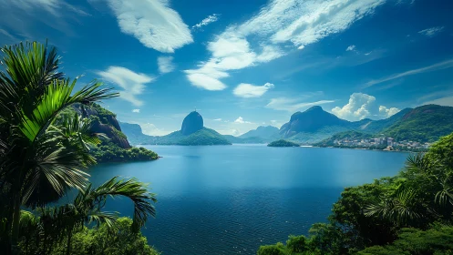Tropical Lake Surrounded by Volcanic Peaks and Lush Vegetation