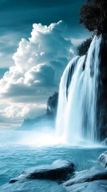 Skyborne cascade kisses a tranquil turquoise ocean’s edge.