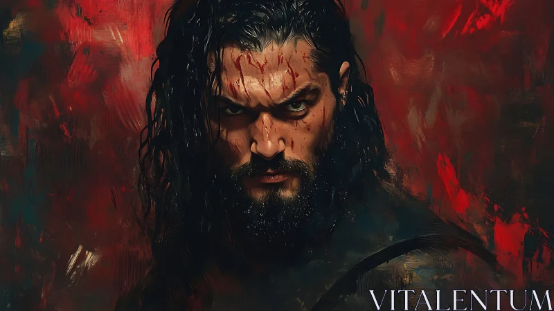 Bloodstreaked warrior glares through chaos and crimson fury.