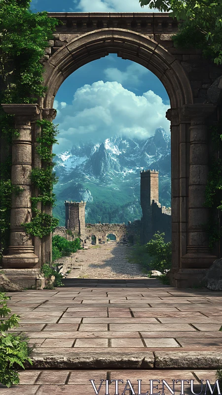 Ancient stone archway framing distant alpine ruins.