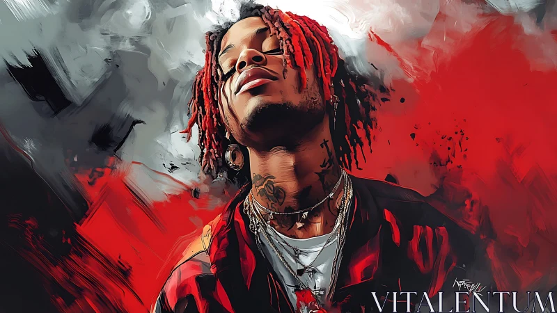 Red-dreadlocked portrait in explosive abstract crimson haze.