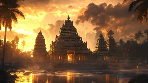 Golden temple complex glows against dramatic tropical sunset.