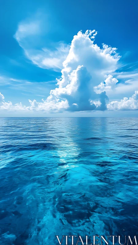Towering cloud over tranquil turquoise open ocean horizon.