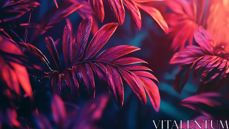 Neon tropical leaves glow in vivid magenta and teal light.