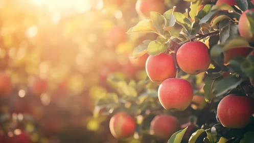 Sunlit apple orchard branch with ripe red fruit clusters.
