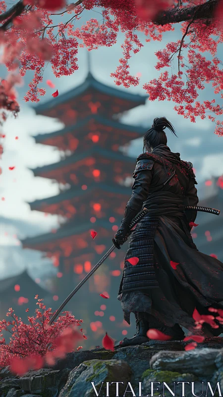 Samurai beneath crimson blossoms before misty pagoda tower.