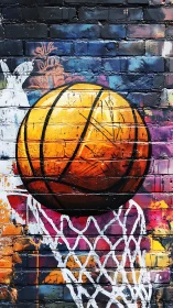 Street mural of basketball dropping through white net on brick