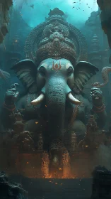 Elephant-headed stone deity stands within submerged temple chamber
