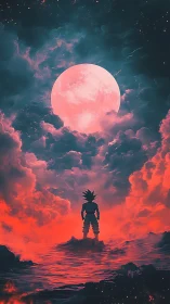 Silhouetted figure facing large moon over luminous clouds.