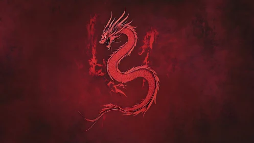 Scarlet spiral dragon igniting storms on smoky crimson walls.