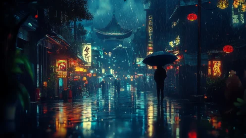 Silhouette under umbrella walks through neon city street