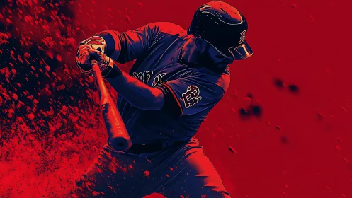 Baseball batter swings bat in stylized red blue render
