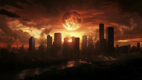 Molten sky hangs over a brooding city at fiery twilight