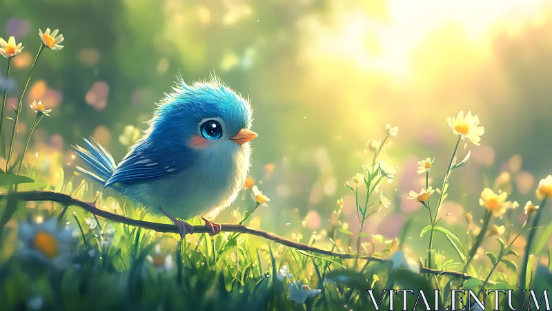 Cute blue songbird on sunlit meadow branch at dawn.